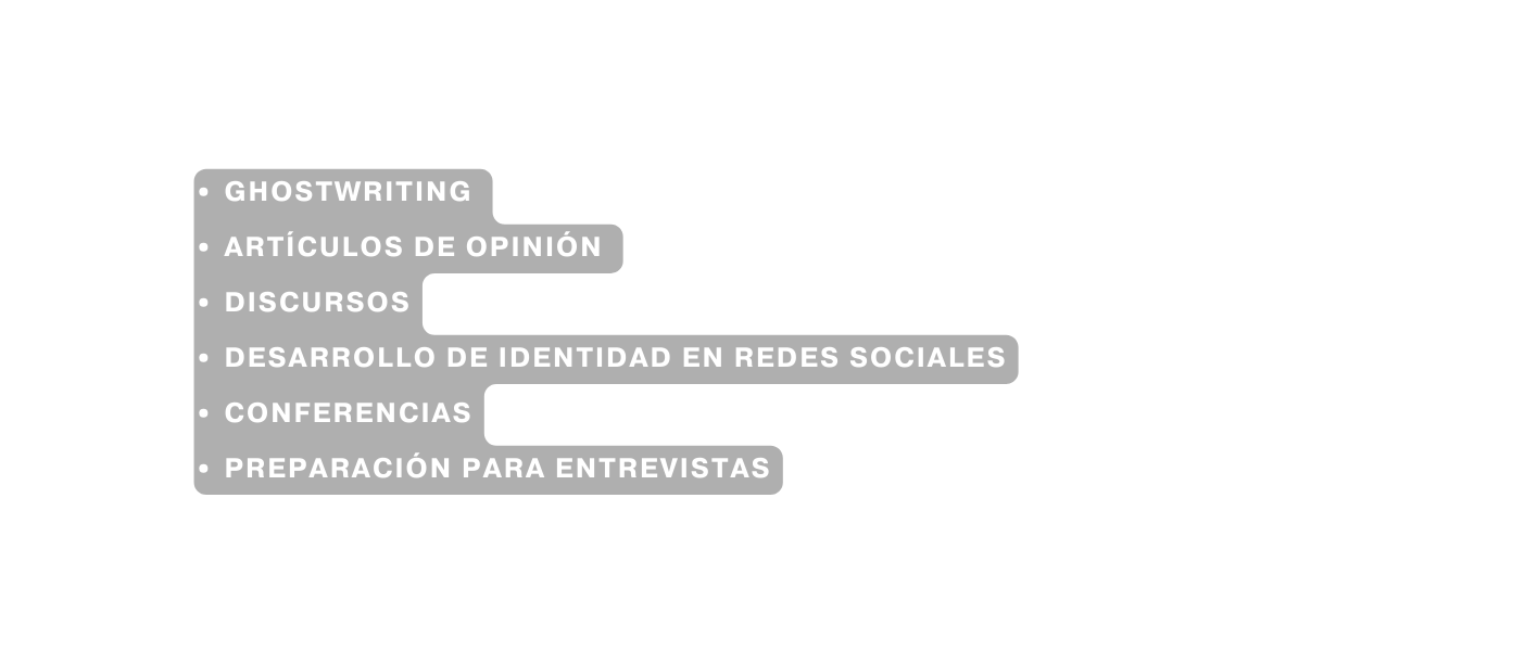 Ghostwriting Artículos de opinión Discursos Desarrollo de identidad en redes sociales Conferencias Preparación para entrevistas